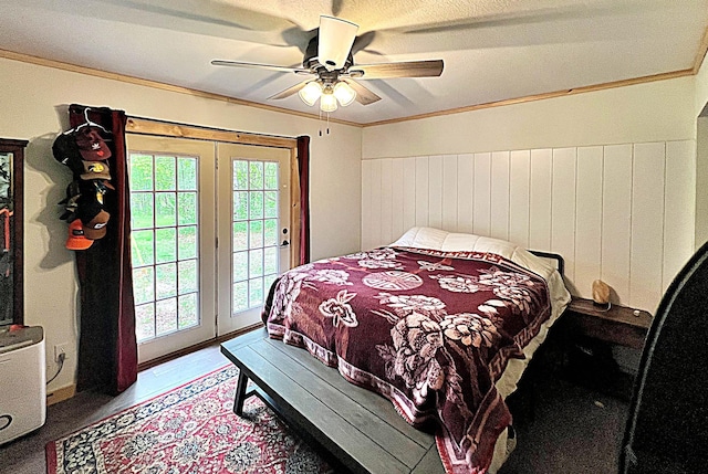 36974 320th St, Aitkin, MN 56431 - bedroom with access to exterior, a ceiling fan, wood finished floors, and ornamental molding