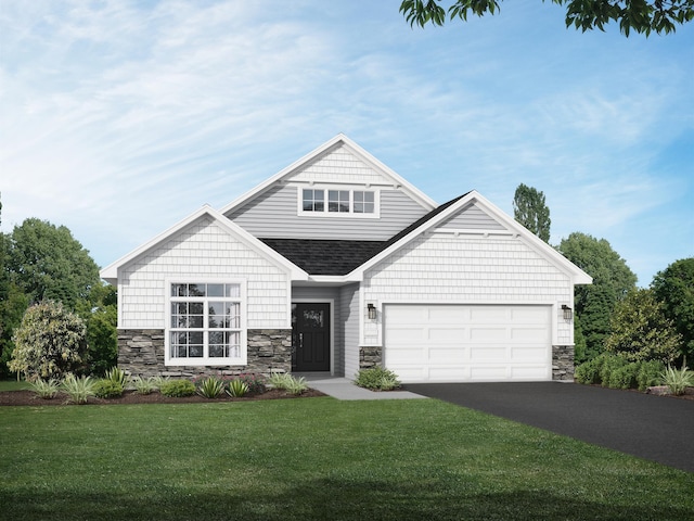 1419 Victory Ln NE, Isanti, MN 55040 - craftsman inspired home featuring stone siding, asphalt driveway, a front yard, a garage, and a shingled roof