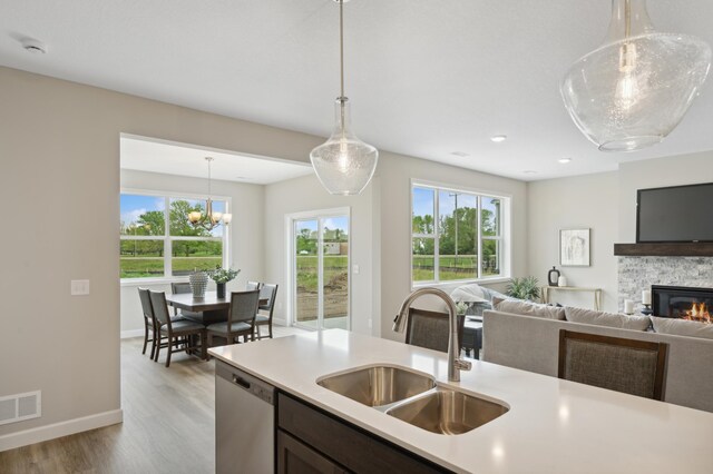 1419 Victory Ln NE, Isanti, MN 55040 - kitchen with stainless steel dishwasher, a sink, light countertops, light wood-style flooring, and healthy amount of natural light