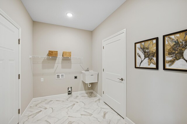 1419 Victory Ln NE, Isanti, MN 55040 - laundry room with hookup for an electric dryer, light marble finish flooring, washer hookup, baseboards, and recessed lighting