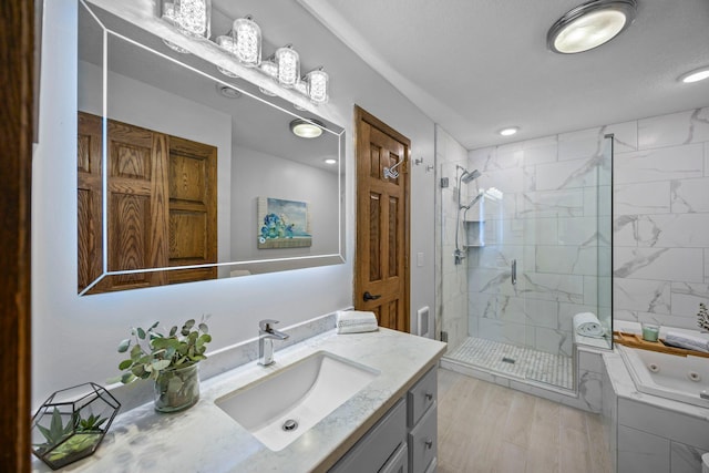 full bathroom with a marble finish shower, vanity, a tub to relax in, and recessed lighting