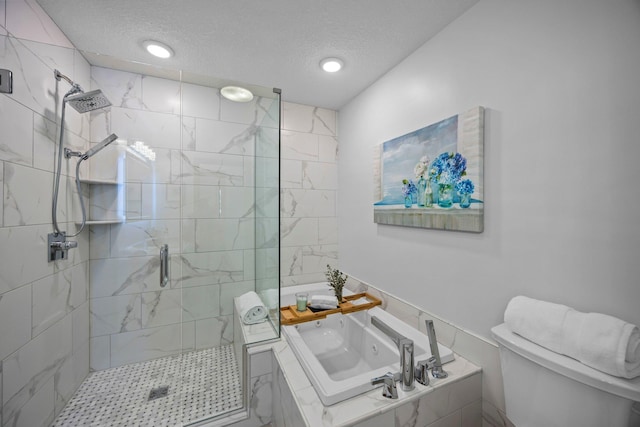 bathroom with a shower stall, a tub with jets, a textured ceiling, toilet, and recessed lighting