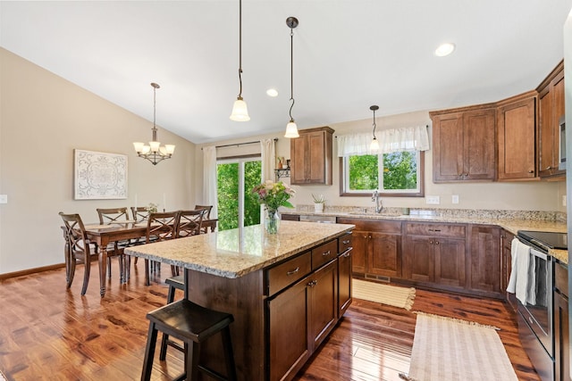805 Cologne Ln, Waverly, MN 55390 - kitchen with electric stove, plenty of natural light, a sink, light stone counters, and lofted ceiling