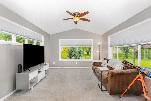 5921 200th St W, Farmington, MN 55024 - carpeted living room featuring vaulted ceiling and a ceiling fan
