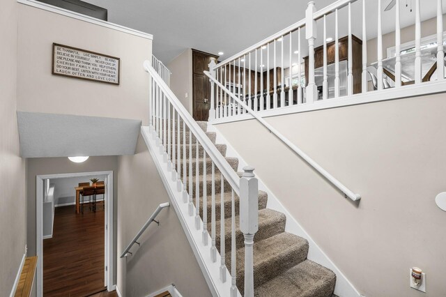 1002 8th Ave N, Princeton, MN 55371 - stairway featuring a towering ceiling, wood finished floors, and baseboards
