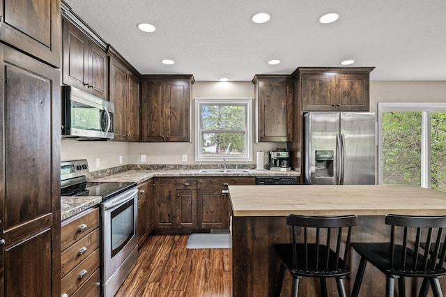1002 8th Ave N, Princeton, MN 55371 - kitchen featuring appliances with stainless steel finishes, butcher block countertops, a sink, dark brown cabinetry, and healthy amount of natural light