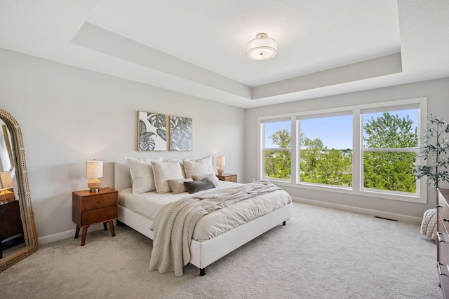 bedroom featuring a raised ceiling, light colored carpet, and baseboards