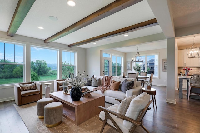 14778 50th St NE, Saint Michael, MN 55376 - living area with a chandelier, beam ceiling, recessed lighting, dark wood-style flooring, and baseboards