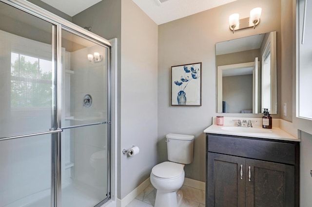 14778 50th St NE, Saint Michael, MN 55376 - full bath featuring toilet, vanity, a shower stall, baseboards, and tile patterned flooring