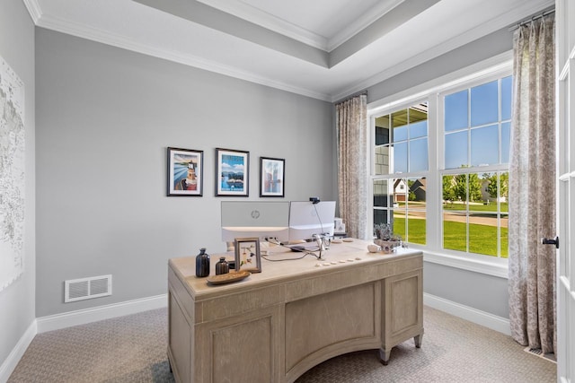 5980 Prestwick Ct, Shorewood, MN 55331 - home office with light colored carpet, baseboards, crown molding, and a raised ceiling