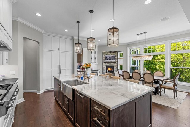 5980 Prestwick Ct, Shorewood, MN 55331 - kitchen with a sink, dark brown cabinetry, white cabinetry, baseboards, and dark wood-type flooring