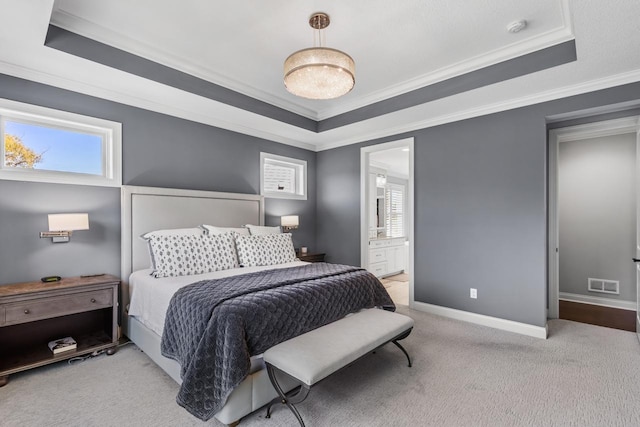 5980 Prestwick Ct, Shorewood, MN 55331 - bedroom with a raised ceiling, ornamental molding, light carpet, and baseboards