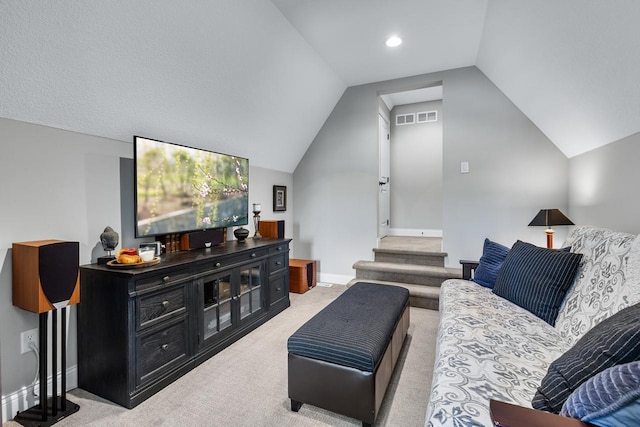 5980 Prestwick Ct, Shorewood, MN 55331 - living area featuring lofted ceiling, carpet, stairs, and baseboards