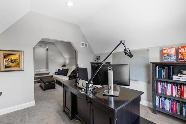 5980 Prestwick Ct, Shorewood, MN 55331 - office featuring lofted ceiling, baseboards, and light carpet