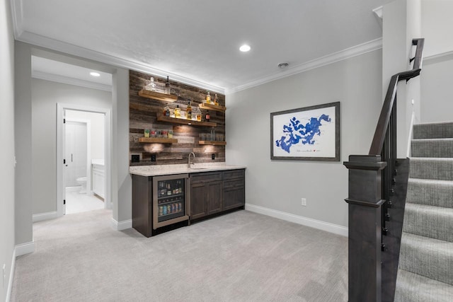 5980 Prestwick Ct, Shorewood, MN 55331 - indoor wet bar with wine cooler, ornamental molding, stairs, recessed lighting, and baseboards