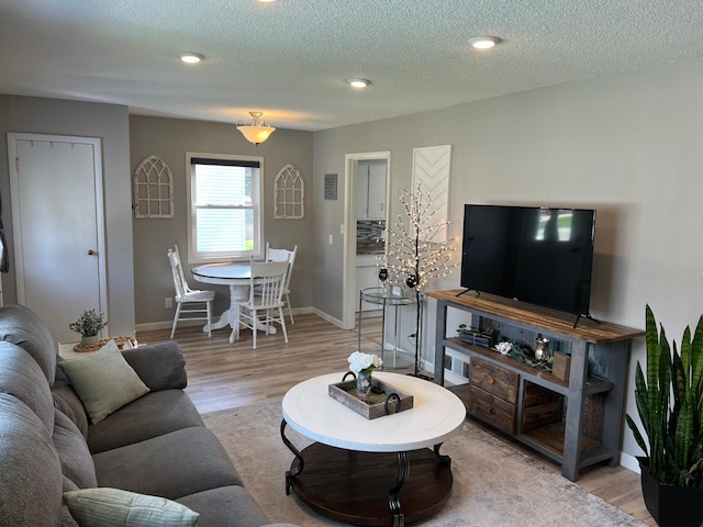 603 Main Ave N, Roseau, MN 56751 - living area with light wood-style flooring, baseboards, a textured ceiling, and recessed lighting