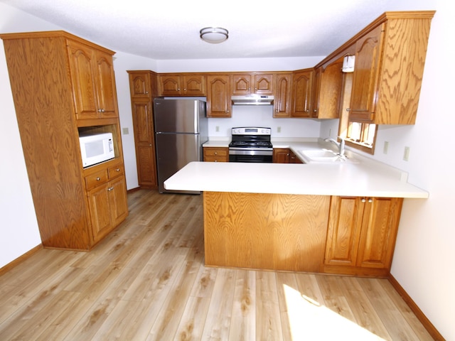 538 Nordic Ln, Troy Twp, WI 54016 - kitchen featuring stainless steel appliances, a sink, a peninsula, under cabinet range hood, and light wood-style flooring