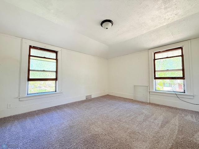 carpeted empty room featuring vaulted ceiling, a textured ceiling, healthy amount of natural light, and baseboards