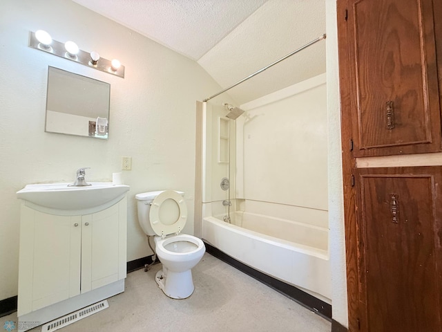 full bath featuring vanity, bathtub / shower combination, lofted ceiling, toilet, and a textured ceiling
