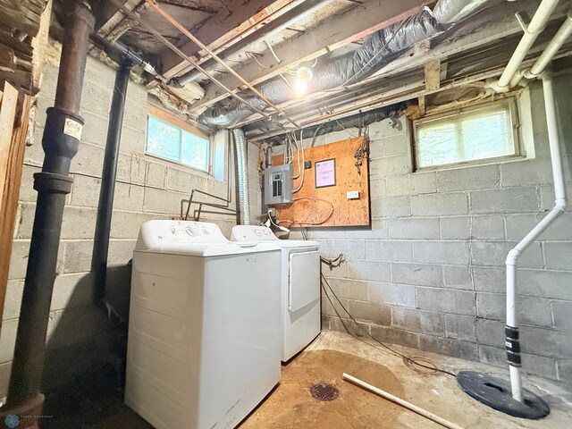 laundry area with independent washer and dryer and electric panel