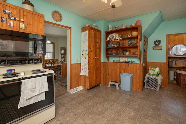 210 1st St SE, Hayfield, MN 55940 - kitchen featuring electric range oven, black microwave, wainscoting, wood walls, and healthy amount of natural light