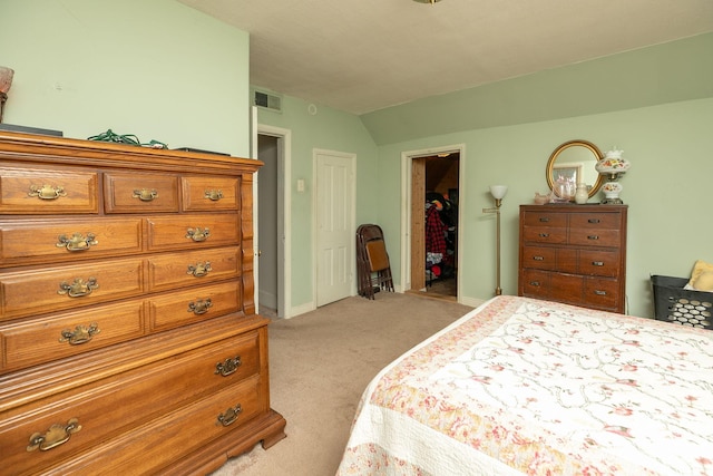 210 1st St SE, Hayfield, MN 55940 - bedroom featuring light carpet, a closet, baseboards, a spacious closet, and vaulted ceiling
