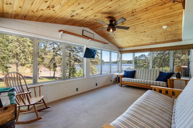 6363 Circle Rd, Danbury, WI 54830 - sunroom / solarium with lofted ceiling, ceiling fan, wood ceiling, carpet flooring, and wooden walls