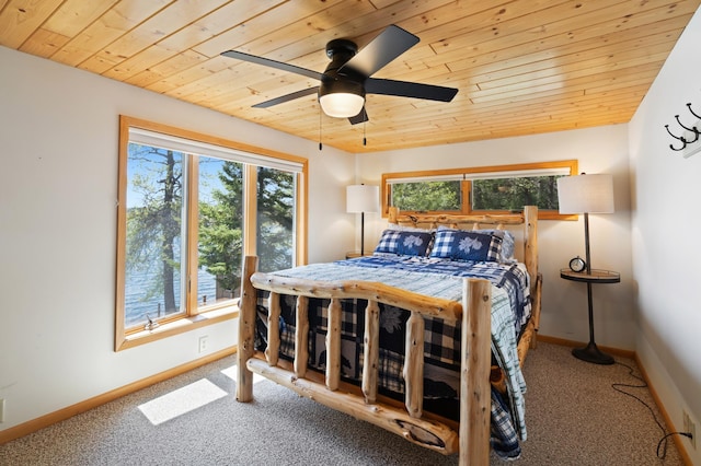 6363 Circle Rd, Danbury, WI 54830 - carpeted bedroom with wood ceiling, baseboards, and a ceiling fan
