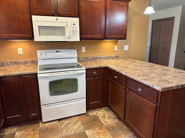 413 River Bluff Dr, Windom, MN 56101 - kitchen with white appliances, stone finish flooring, a peninsula, and light countertops