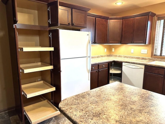 413 River Bluff Dr, Windom, MN 56101 - kitchen featuring white appliances, open shelves, a sink, and dark brown cabinetry