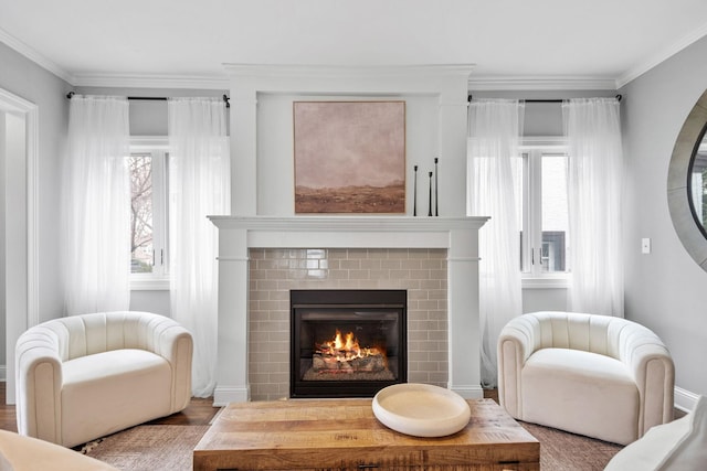 5220 Abbott Ave S, Minneapolis, MN 55410 - living area featuring a fireplace, ornamental molding, wood finished floors, and baseboards