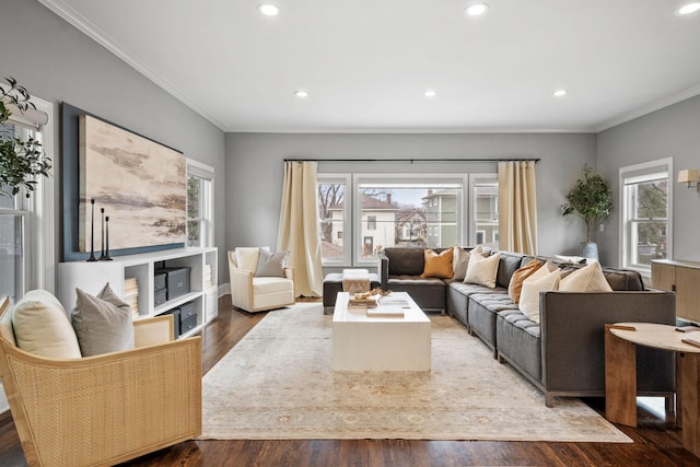 5220 Abbott Ave S, Minneapolis, MN 55410 - living area with healthy amount of natural light, ornamental molding, recessed lighting, wood finished floors, and baseboards