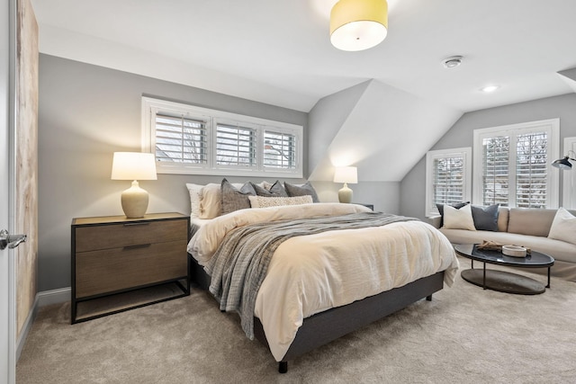 5220 Abbott Ave S, Minneapolis, MN 55410 - bedroom featuring light colored carpet, vaulted ceiling, and baseboards