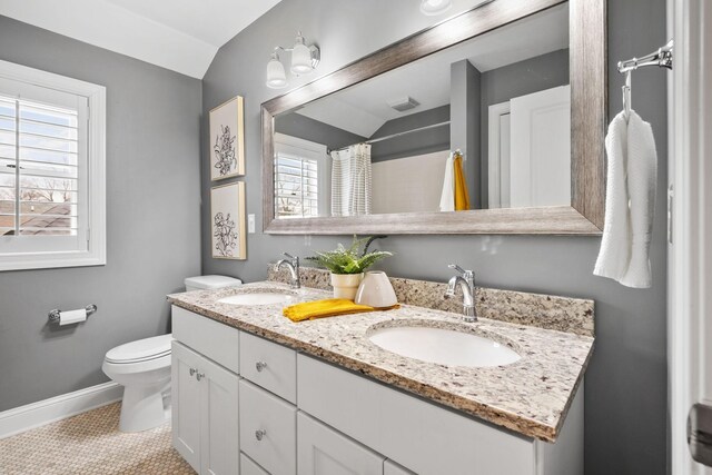 5220 Abbott Ave S, Minneapolis, MN 55410 - bathroom with toilet, vaulted ceiling, baseboards, double vanity, and curtained shower