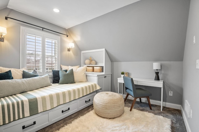 5220 Abbott Ave S, Minneapolis, MN 55410 - bedroom with lofted ceiling, light colored carpet, baseboards, an office area, and recessed lighting