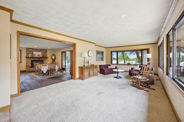 3704 Milton St N, Shoreview, MN 55126 - carpeted living room with a fireplace and crown molding