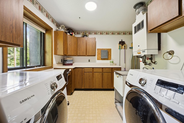 3704 Milton St N, Shoreview, MN 55126 - laundry area with light floors, washing machine and clothes dryer, cabinet space, water heater, and electric panel