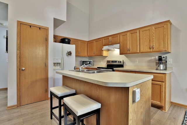 2171 Cleveland Way S, Cambridge, MN 55008 - kitchen featuring appliances with stainless steel finishes, under cabinet range hood, a high ceiling, light wood-style flooring, and light countertops