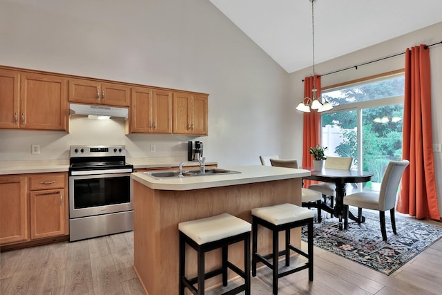 2171 Cleveland Way S, Cambridge, MN 55008 - kitchen with stainless steel range with electric cooktop, under cabinet range hood, high vaulted ceiling, a sink, and light countertops