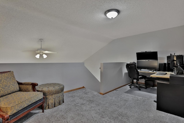 2171 Cleveland Way S, Cambridge, MN 55008 - home office featuring carpet flooring, a textured ceiling, a ceiling fan, vaulted ceiling, and baseboards