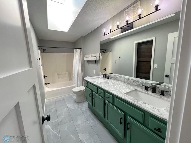 full bathroom featuring marble finish floors, shower / bathtub combination with curtain, toilet, and double vanity