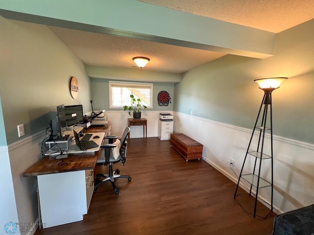 office area with wood finished floors and a textured ceiling