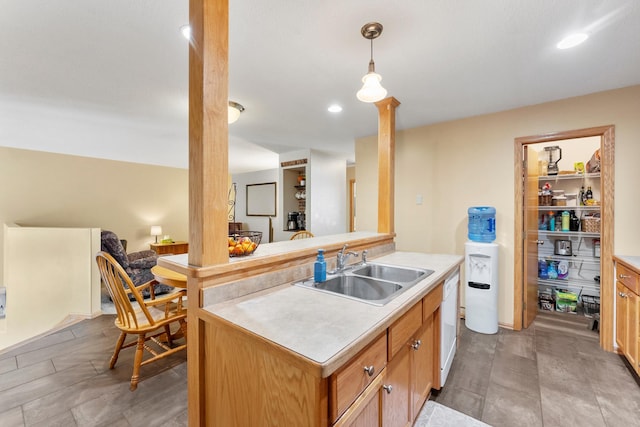 5678 Sherman Oaks Rd, Stacy, MN 55079 - kitchen featuring white dishwasher, light countertops, decorative light fixtures, recessed lighting, and a kitchen island with sink