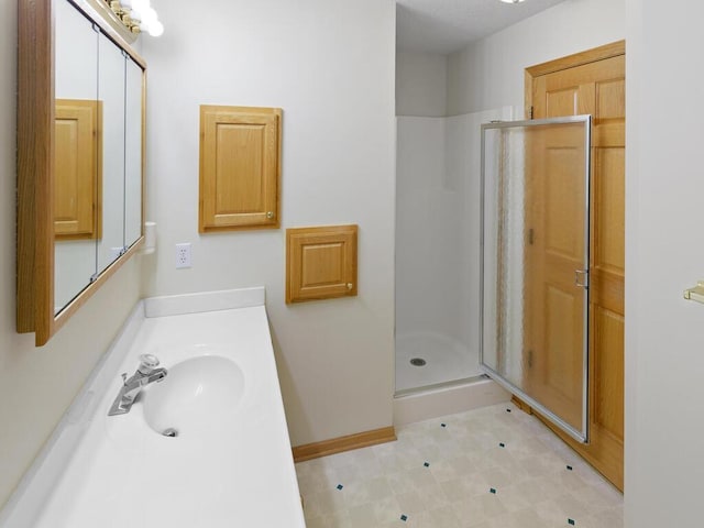 663 Regent Ln, Waconia, MN 55387 - full bath featuring a shower stall, vanity, and baseboards