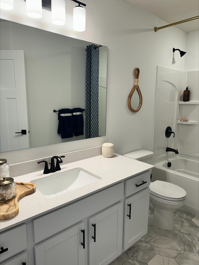 14536 74th St NE, Otsego, MN 55330 - full bathroom with toilet, shower / bathtub combination with curtain, vanity, and marble finish flooring