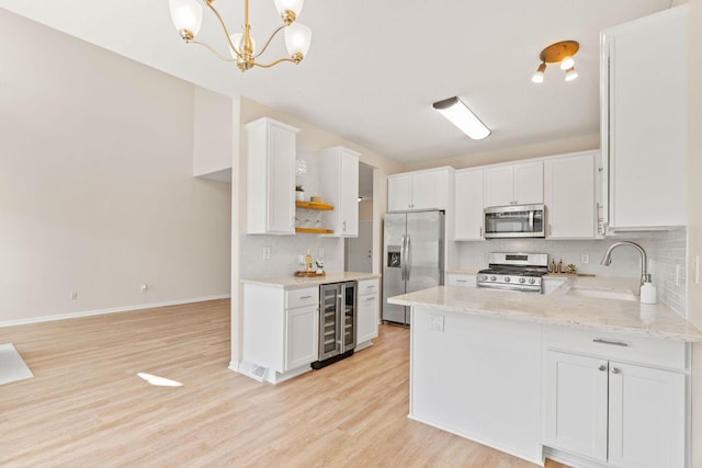 1353 White Oak Dr, Chaska, MN 55318 - kitchen with appliances with stainless steel finishes, wine cooler, open shelves, decorative backsplash, and a sink