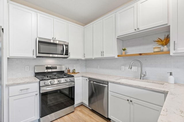 1353 White Oak Dr, Chaska, MN 55318 - kitchen with appliances with stainless steel finishes, a sink, open shelves, white cabinets, and backsplash