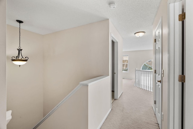 1353 White Oak Dr, Chaska, MN 55318 - corridor featuring an upstairs landing, light carpet, a textured ceiling, and baseboards