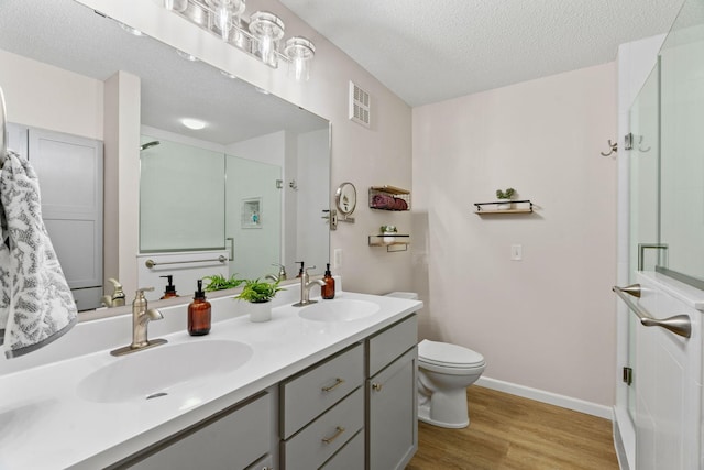 1353 White Oak Dr, Chaska, MN 55318 - full bathroom with wood finished floors, baseboards, toilet, double vanity, and a textured ceiling