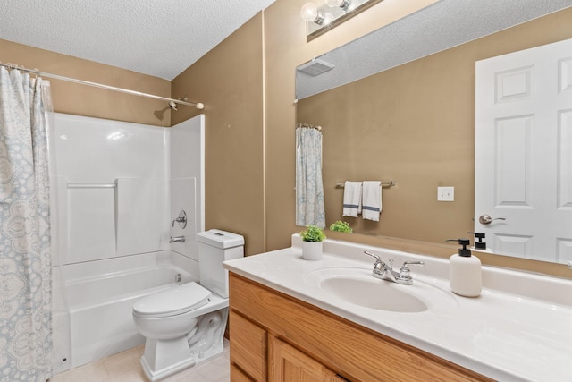 1353 White Oak Dr, Chaska, MN 55318 - bathroom with vanity, a textured ceiling, toilet, shower / bathtub combination with curtain, and tile patterned floors